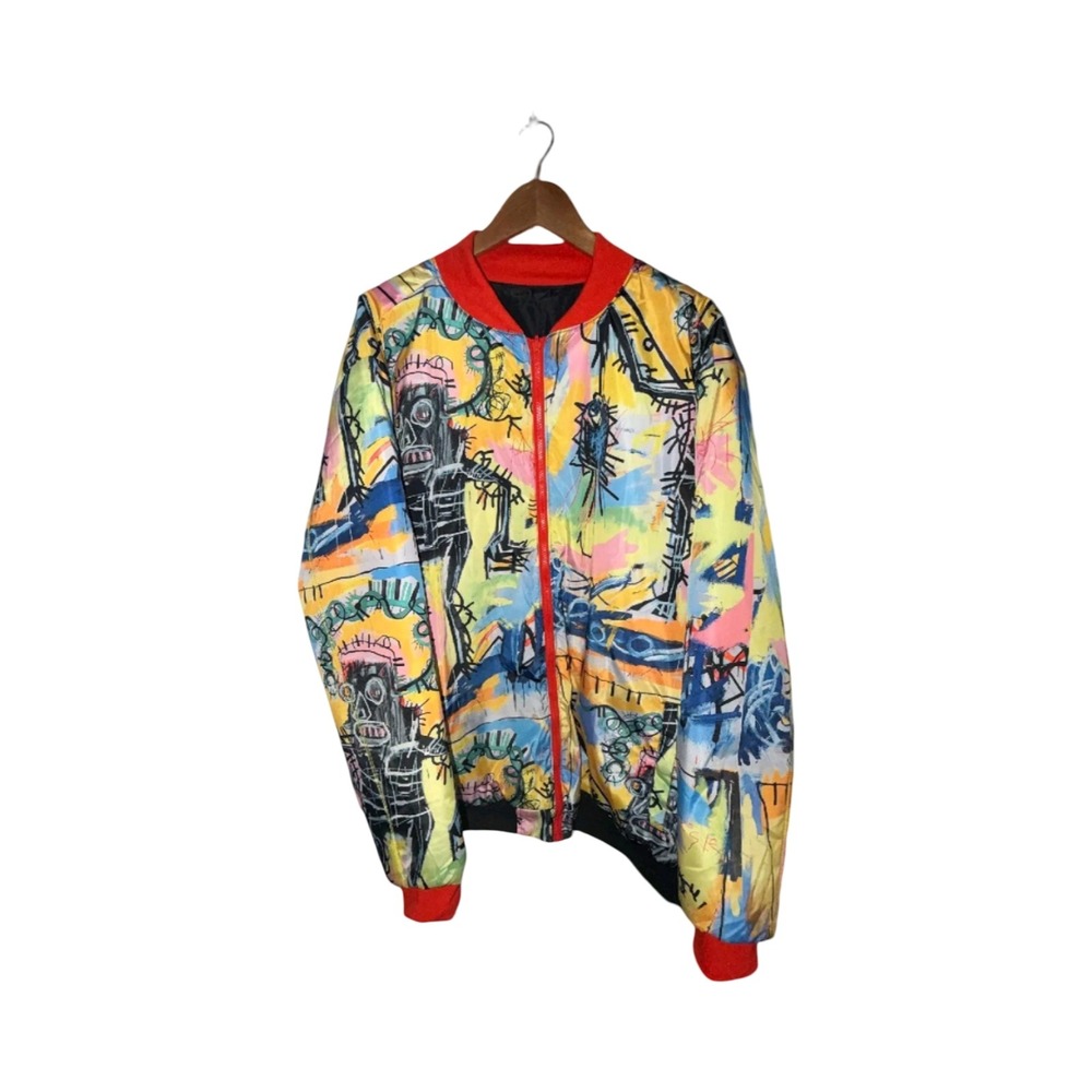 Reason Brand Basquiat Mens Multi Color Graphic Art Full Zip Bomber Jacket